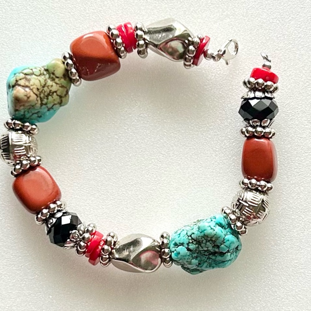 Turquoise and Carnelian Nuggets with Coral Colored Heishi Beads and Black Glass